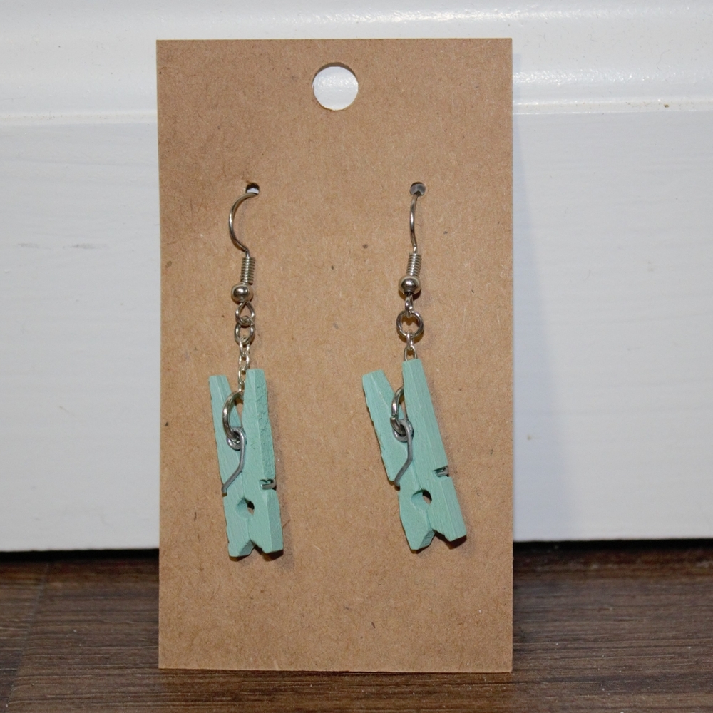 Handmade Aqua Clothespin Earrings -Hypoallergenic